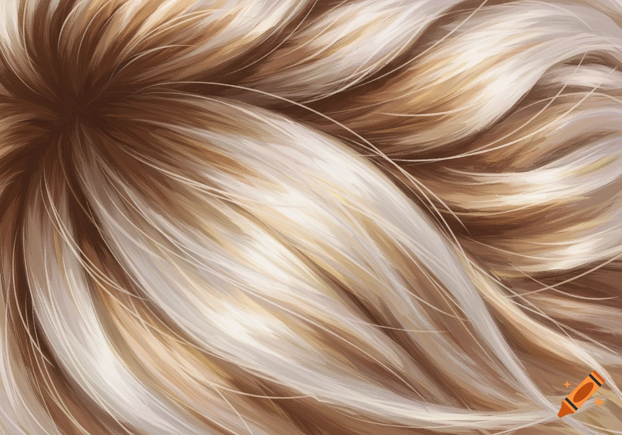 A close-up, abstract illustration of swirling white and brown hair strands.