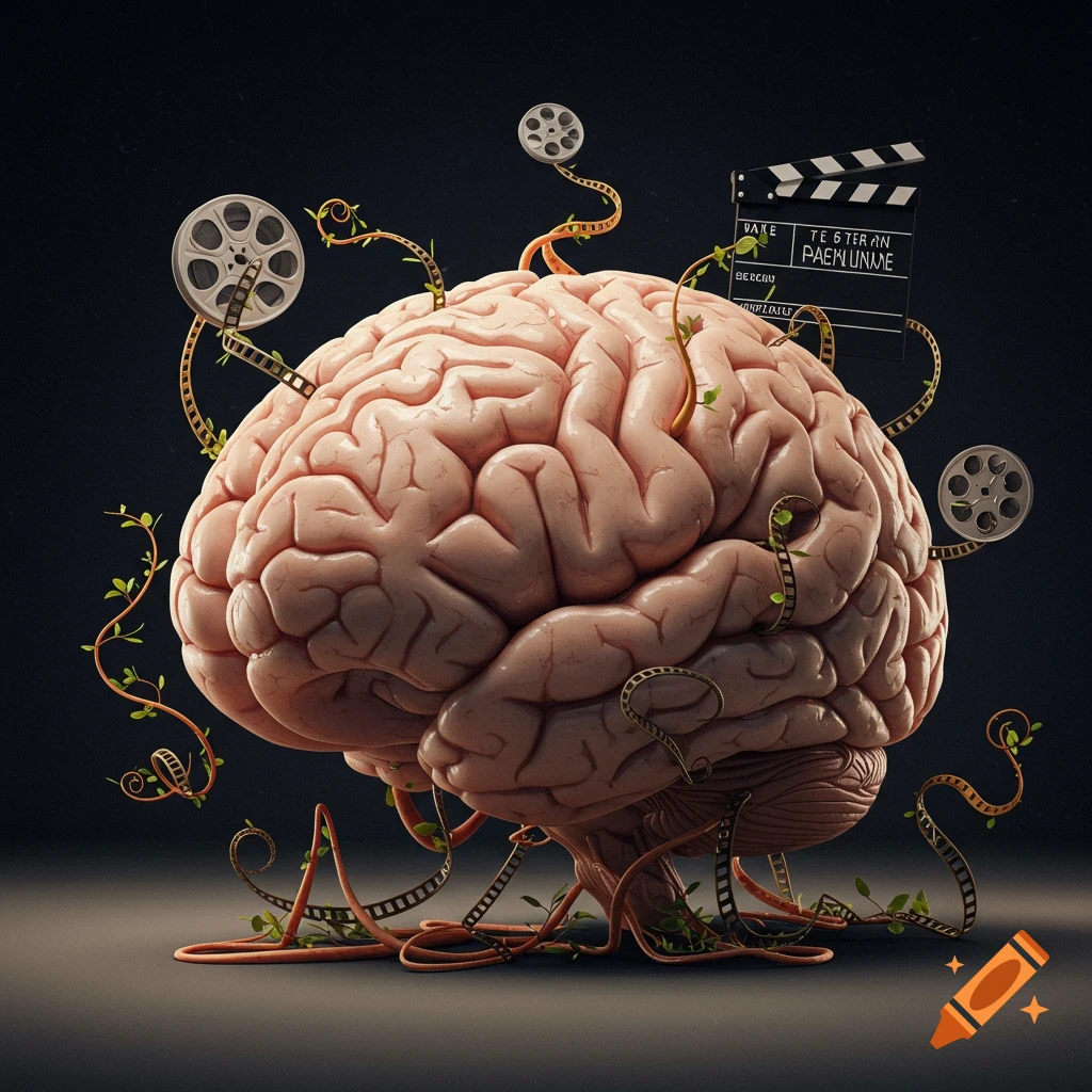 A realistic human brain with film reels and leafy vines growing out of it on a dark background.