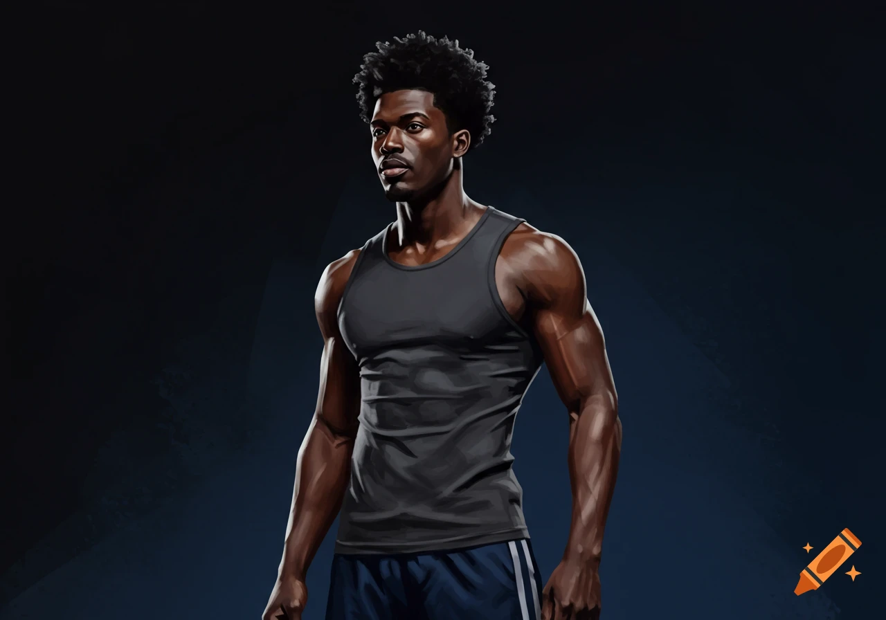 A muscular Black man in a dark gray tank top and blue shorts with white stripes, standing against a dark background.