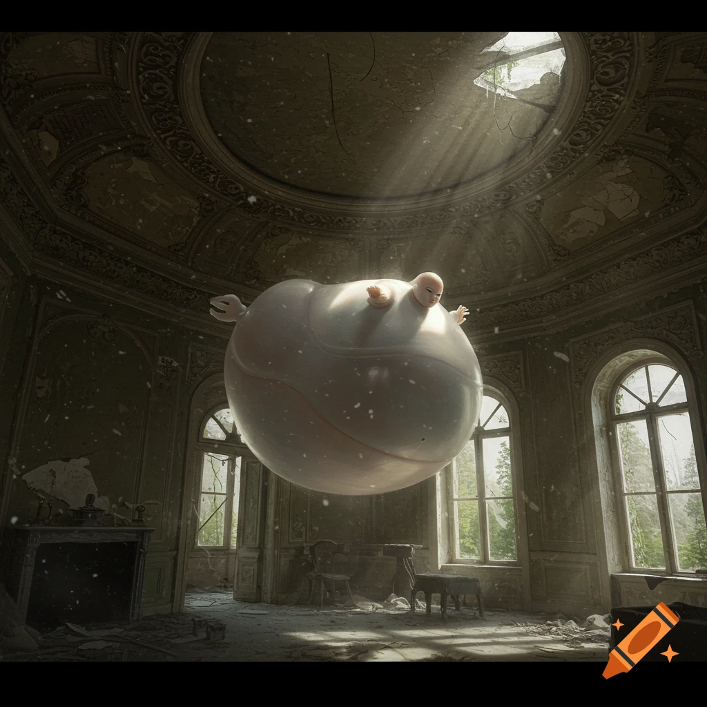 An inflated, pale human-like figure floats near the ceiling of a crumbling, abandoned mansion, with light streaming through a hole in the roof.