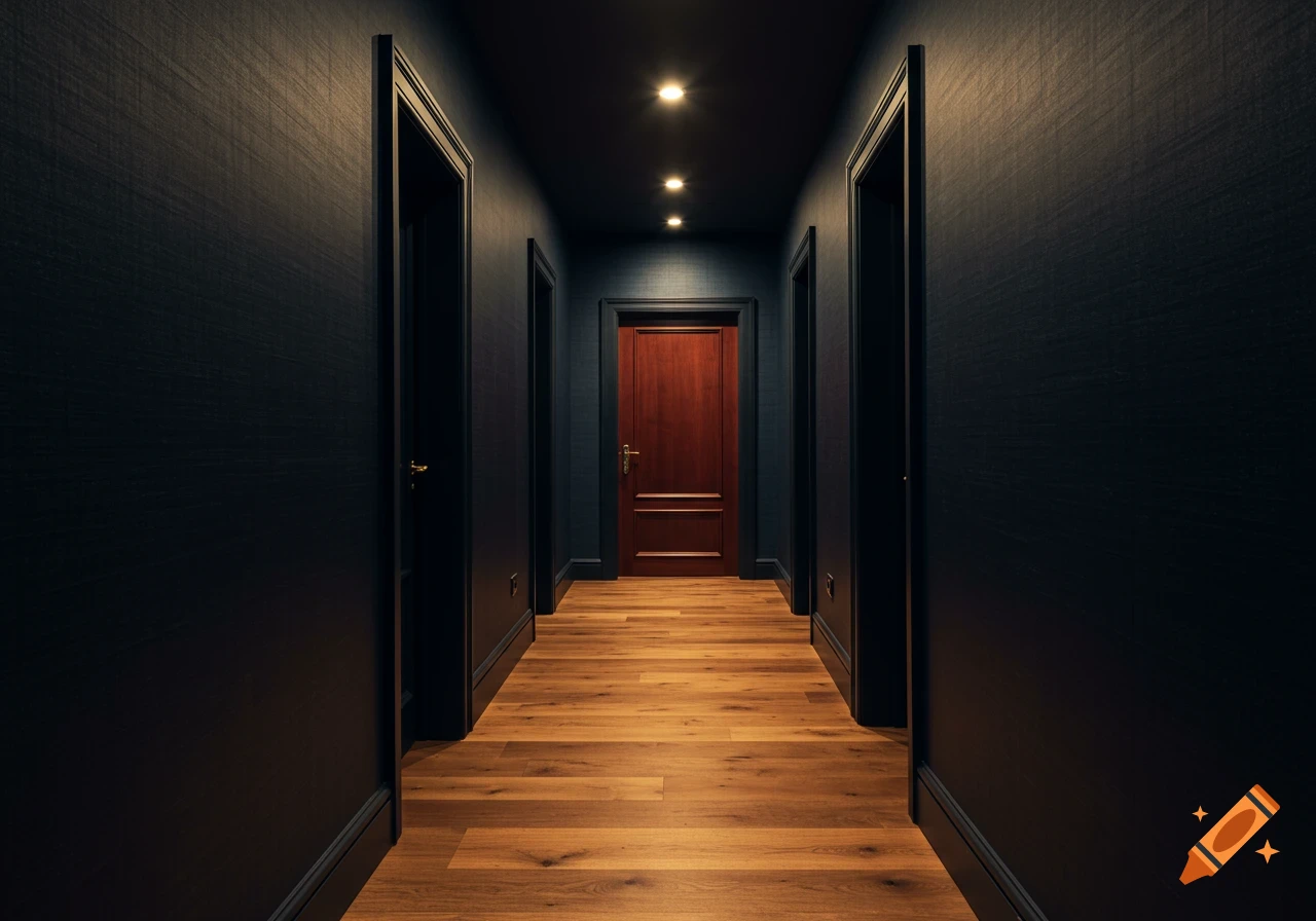 A dark, elegant hallway with a red wooden door at the end, illuminated by overhead lights and a bright wooden floor.