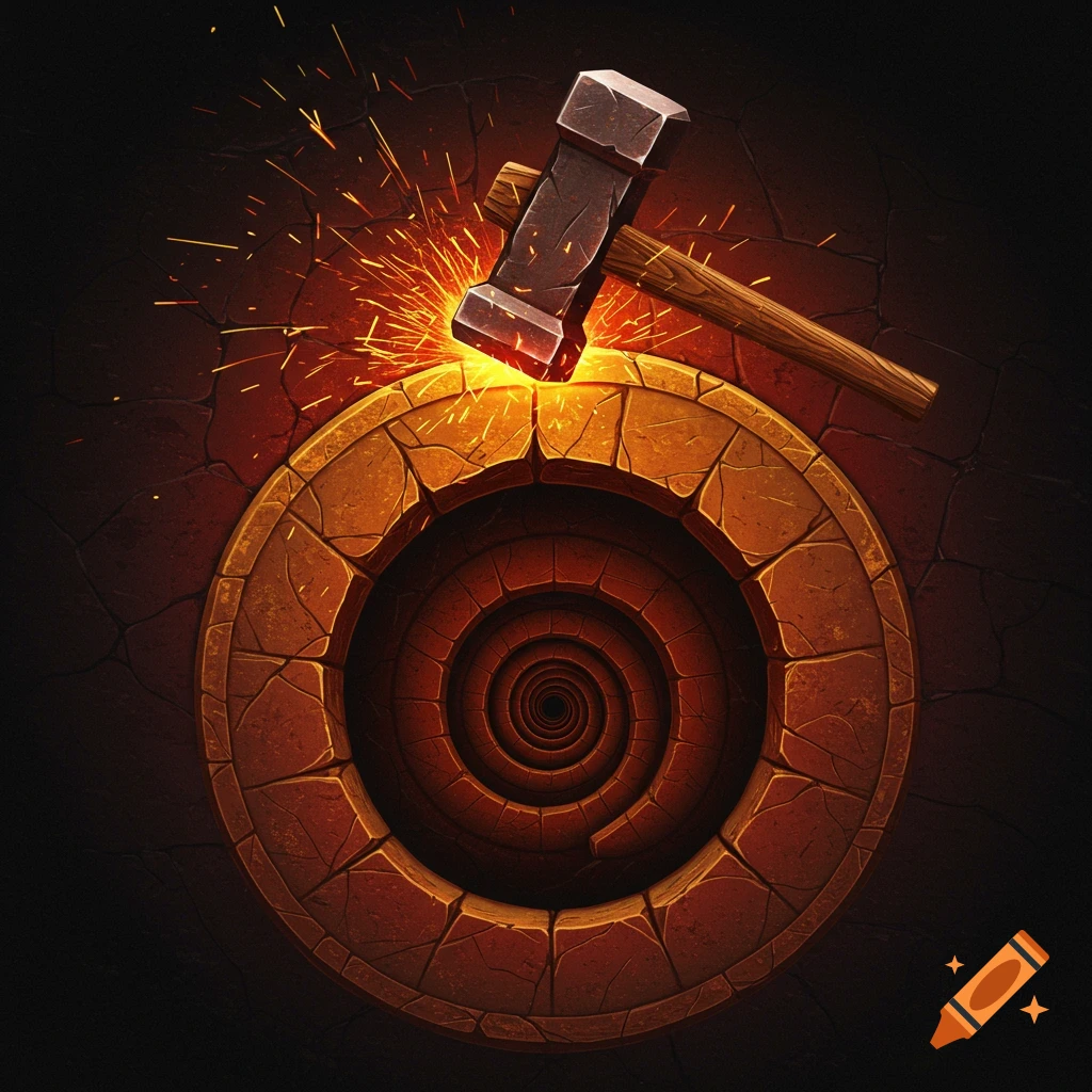 A blacksmith's hammer striking a glowing stone disc over a spiraling tunnel, with sparks flying.