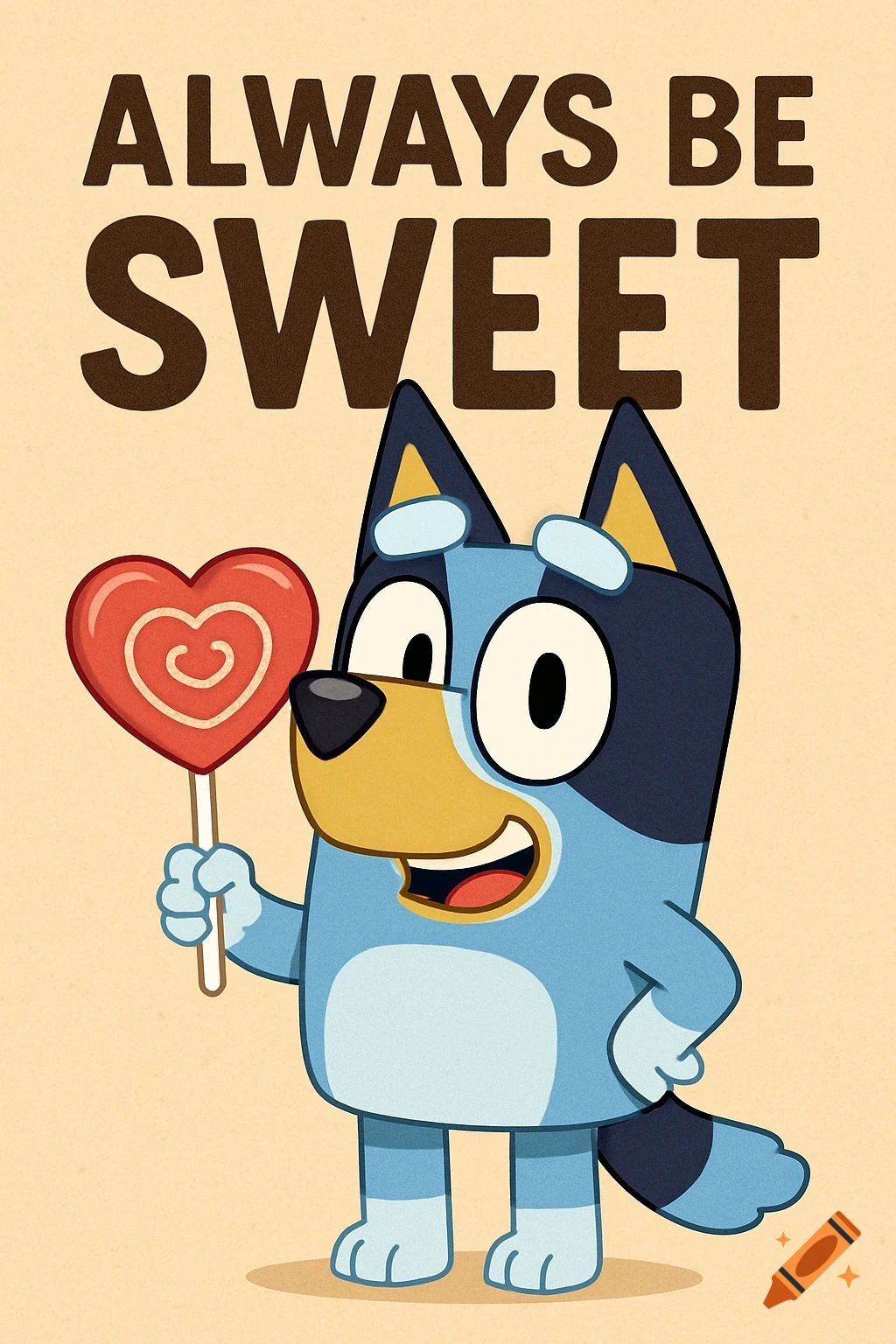 A blue cartoon dog-like character, Bluey, holding a red heart-shaped lollipop. Above Bluey, the words 'ALWAYS BE SWEET' are written in bold brown letters on a light beige background.