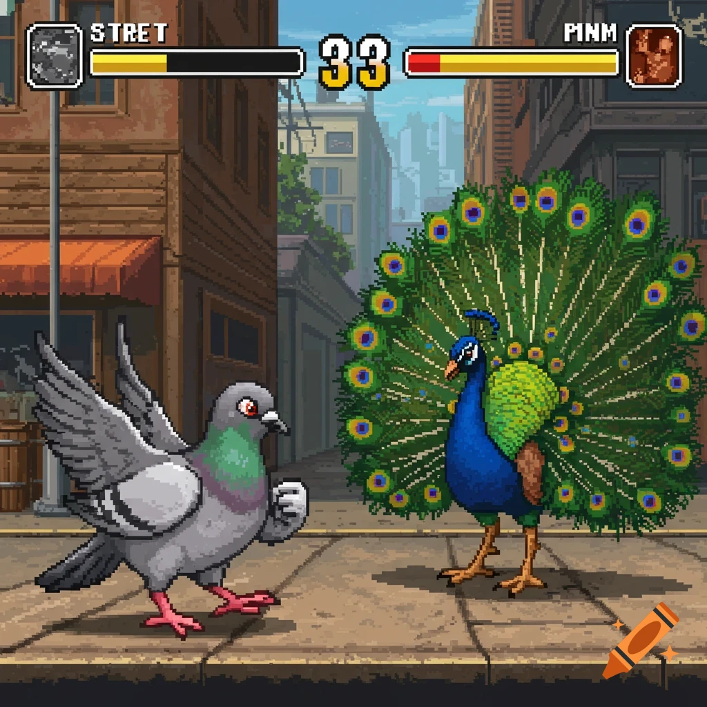 Pixel art fighting game scene featuring a pigeon and a peacock ready to battle on a city street.