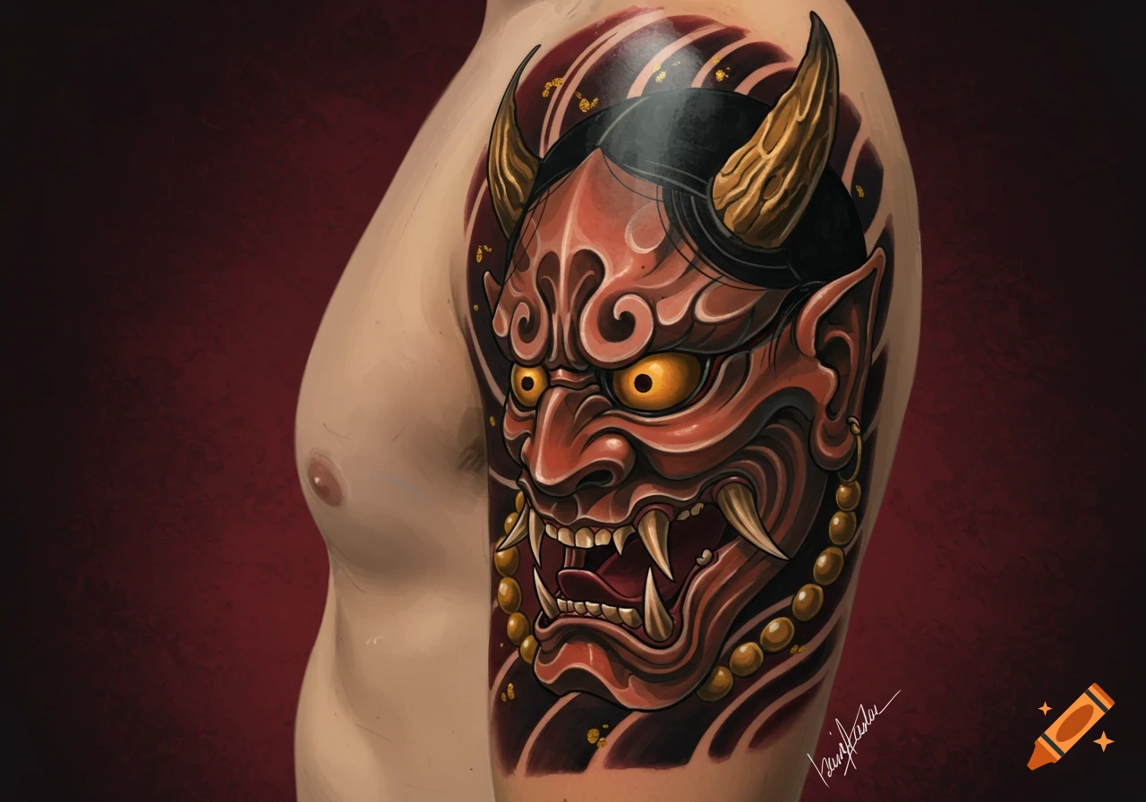 A vibrant and detailed Hannya mask tattoo with red skin, golden horns, and yellow eyes on a person's upper arm.