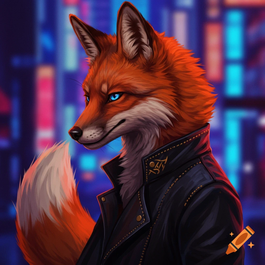 An anthropomorphic fox with glowing blue eyes wearing a black leather jacket against a blurred neon city background.