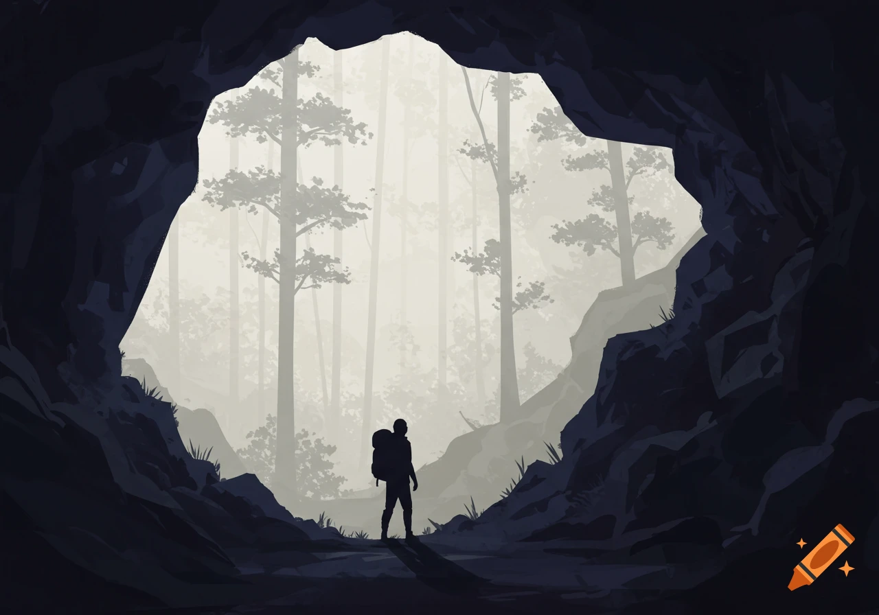 A graphic art depiction of a hiker in silhouette standing at the entrance of a dark cave, looking out at a misty forest with tall trees.