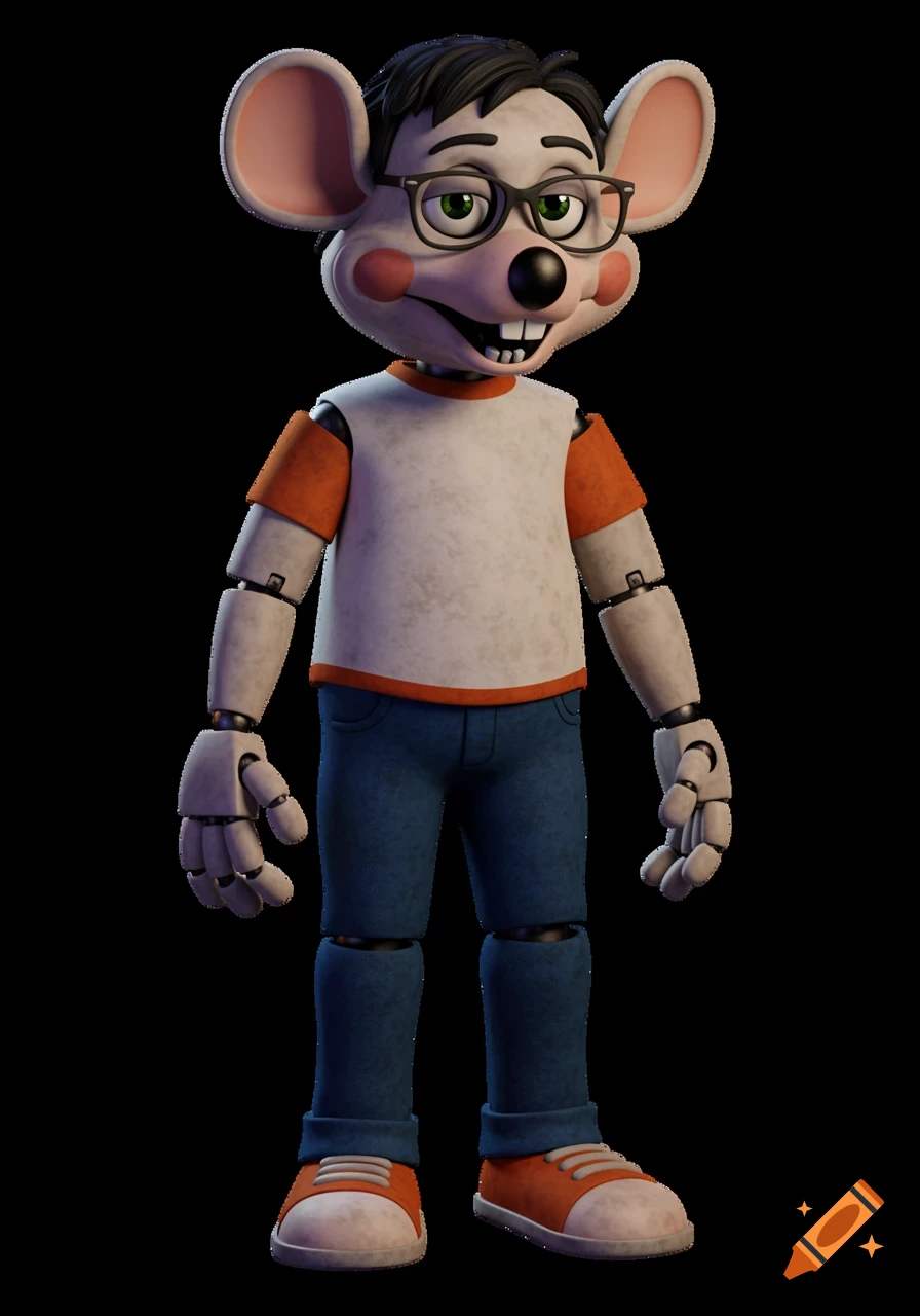 A Chuck E. Cheese-style animatronic mouse character with glasses, a white t-shirt with orange sleeves, blue jeans, and exposed joints.