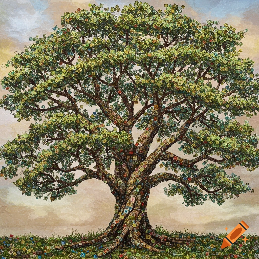 A stylized tree rendered as a mosaic of numerous colorful postage stamps, against a muted, cloudy sky.
