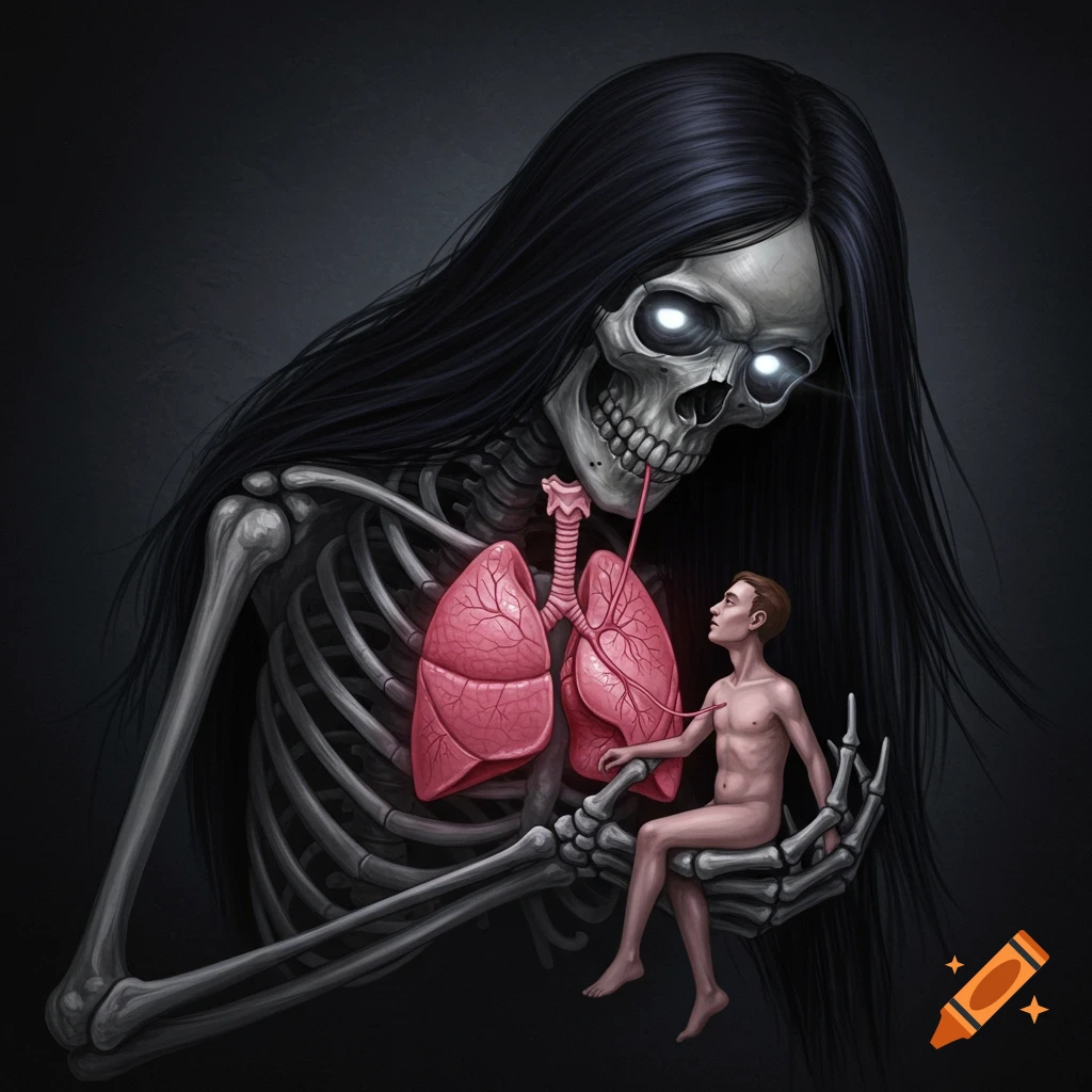 A large skeleton with long hair holds a small nude man, connected by shared pink lungs. The skeleton's eyes glow, dark fantasy art.