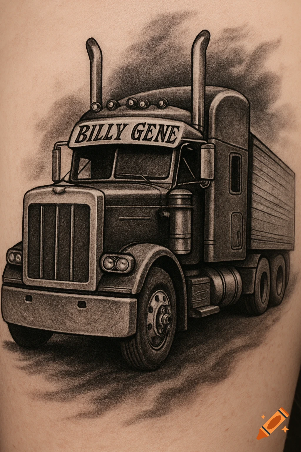 Black and white pencil drawing of a semi truck with 'BILLY GENE' on its visor, in a tattoo art style.