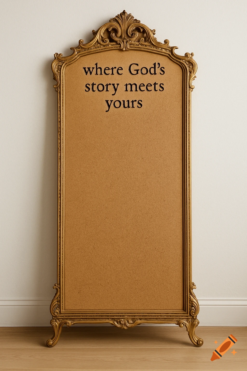 An ornate gold full-length mirror, featuring a corkboard surface with the text 'where God's story meets yours' at the top.