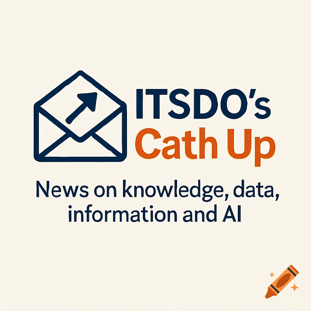 A logo featuring a dark blue envelope icon with an upward arrow, next to the text "ITSDO's Cath Up" in dark blue and orange. Below it, the tagline reads "News on knowledge, data, information and AI" in dark blue, all on a light beige background.