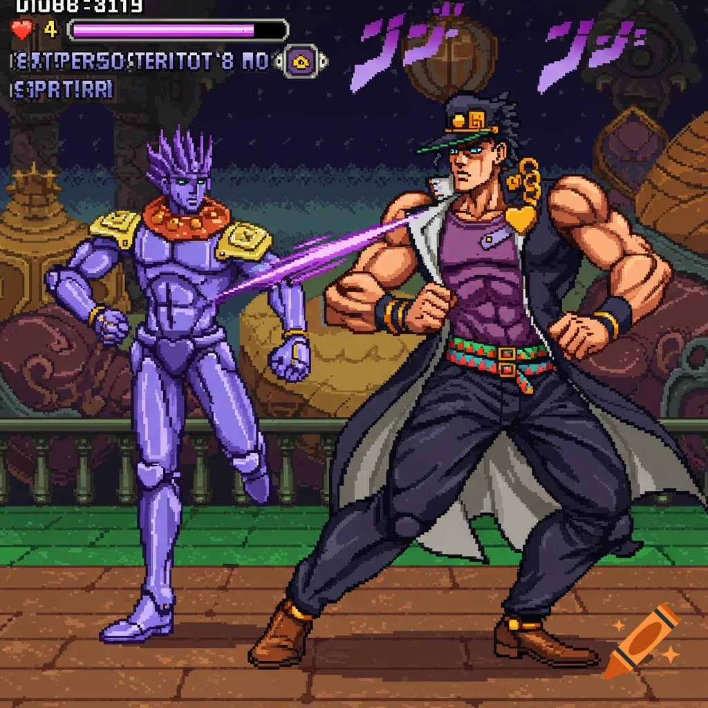 Pixel art of Jotaro Kujo fighting a purple Stand in a retro arcade game.
