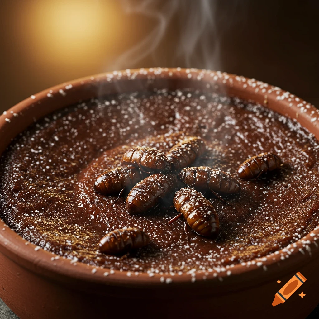 Steaming dark brown pudding in a rustic bowl, topped with several beetle pupae and white powder.