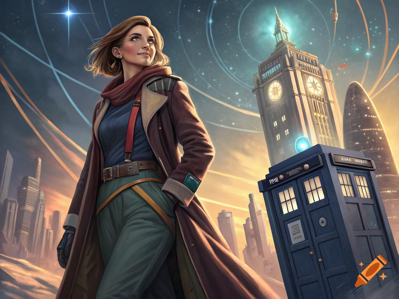 A woman in a long brown coat stands in a futuristic cityscape with a blue police box and a tall clock tower under a starry sky.