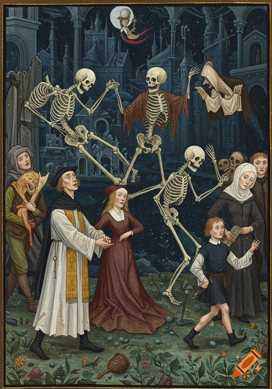 A detailed medieval-style painting of skeletons dancing with humans under a full moon, with gothic buildings in the background.