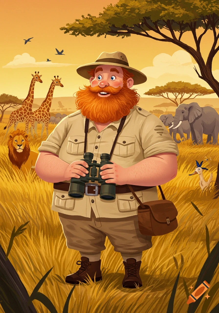 A plump ginger man with a beard holds binoculars in a cartoon safari scene with giraffes, elephants, and a lion.