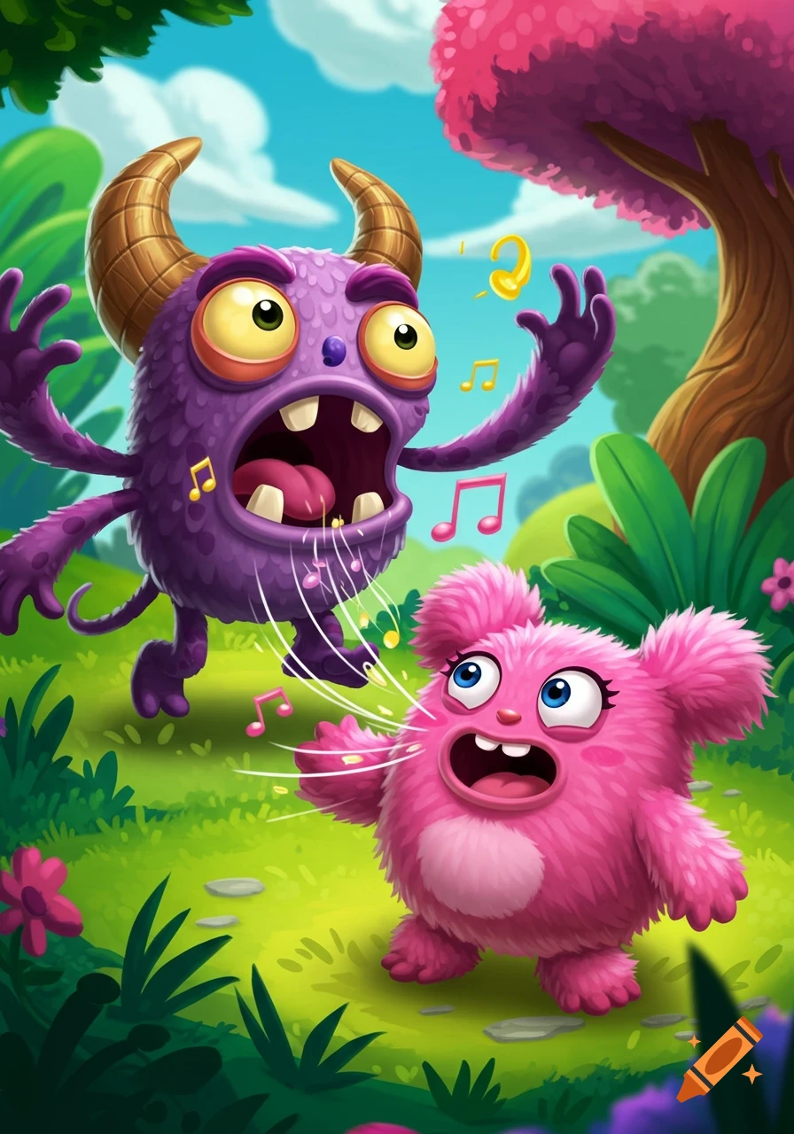 A vibrant cartoon illustration of a purple horned monster and a pink furry monster, both with wide open mouths, surrounded by musical notes in a lush green forest.