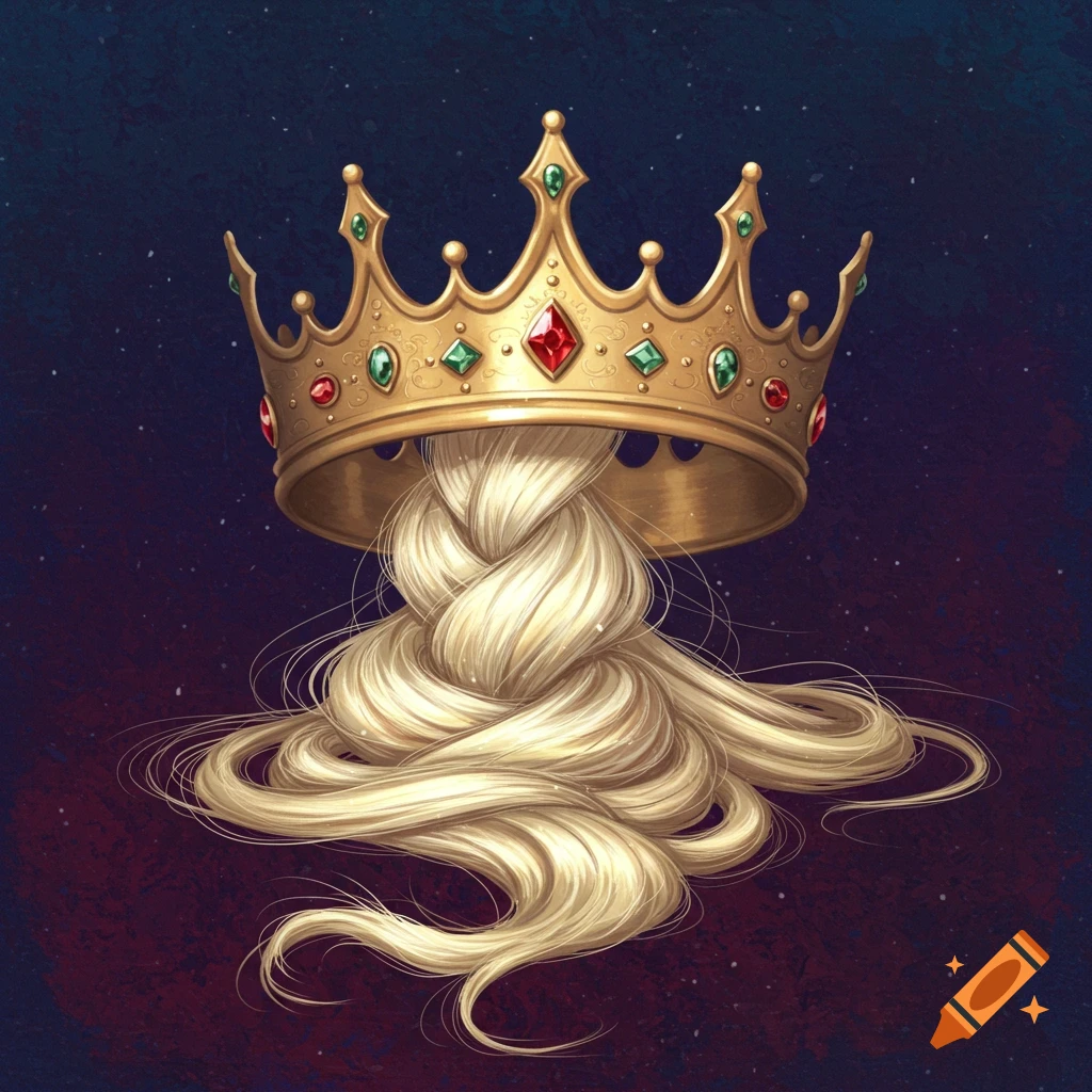 A golden crown adorned with red and green jewels rests atop a tangled braid of long, flowing blonde hair, set against a dark, starry background.