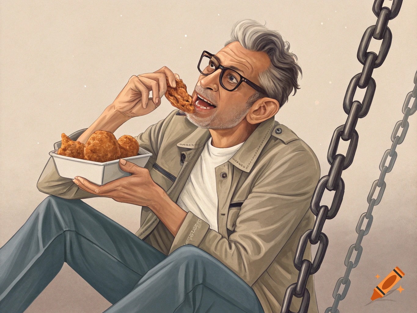 Illustration of Jeff Goldblum sitting and happily eating fried chicken from a container, with large chains in the background.