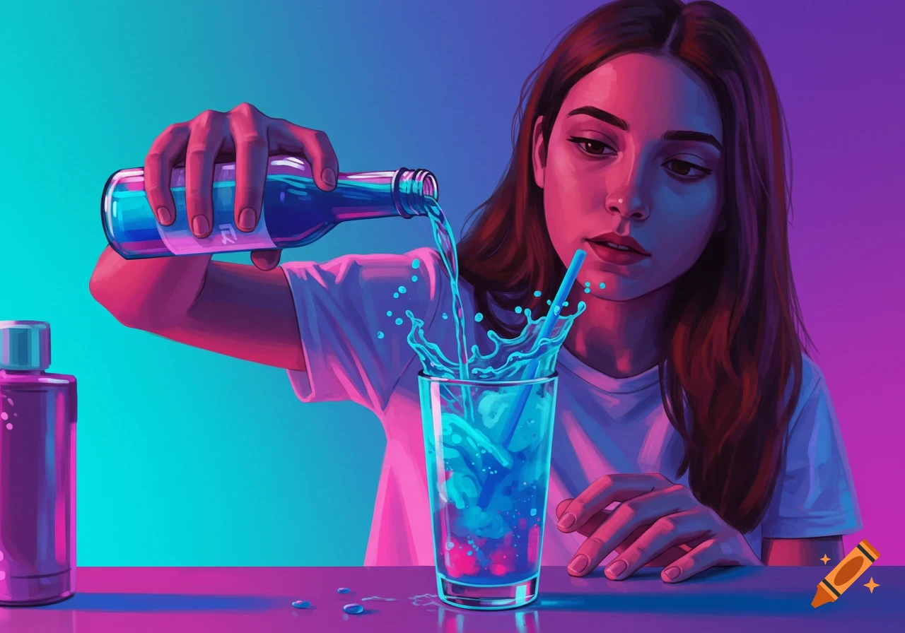 Stylized digital art of a woman pouring blue liquid into a glass, illuminated by neon lights.