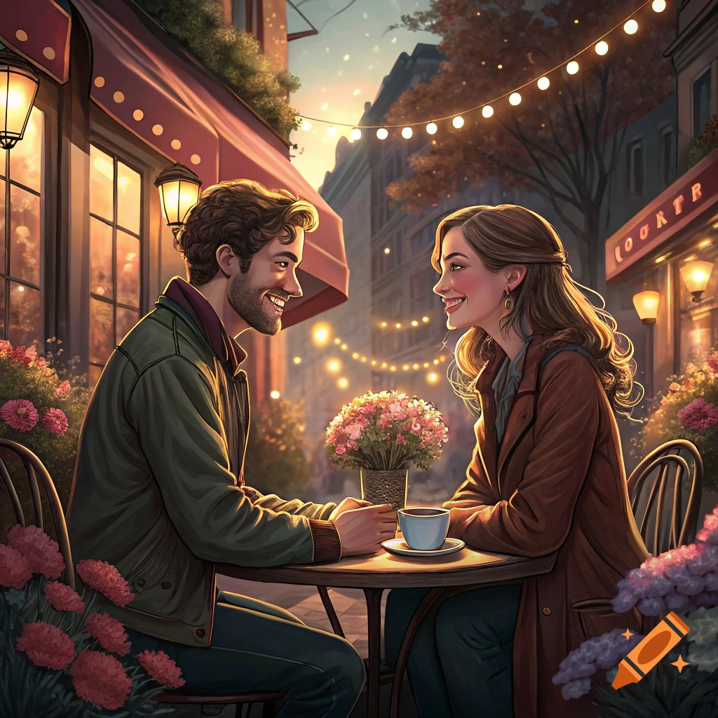 A smiling couple sits at an outdoor cafe table under string lights, looking at each other with a bouquet of flowers between them.