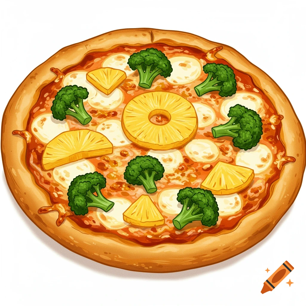 A cartoon illustration of a pizza topped with pineapple slices, pineapple rings, and broccoli florets.