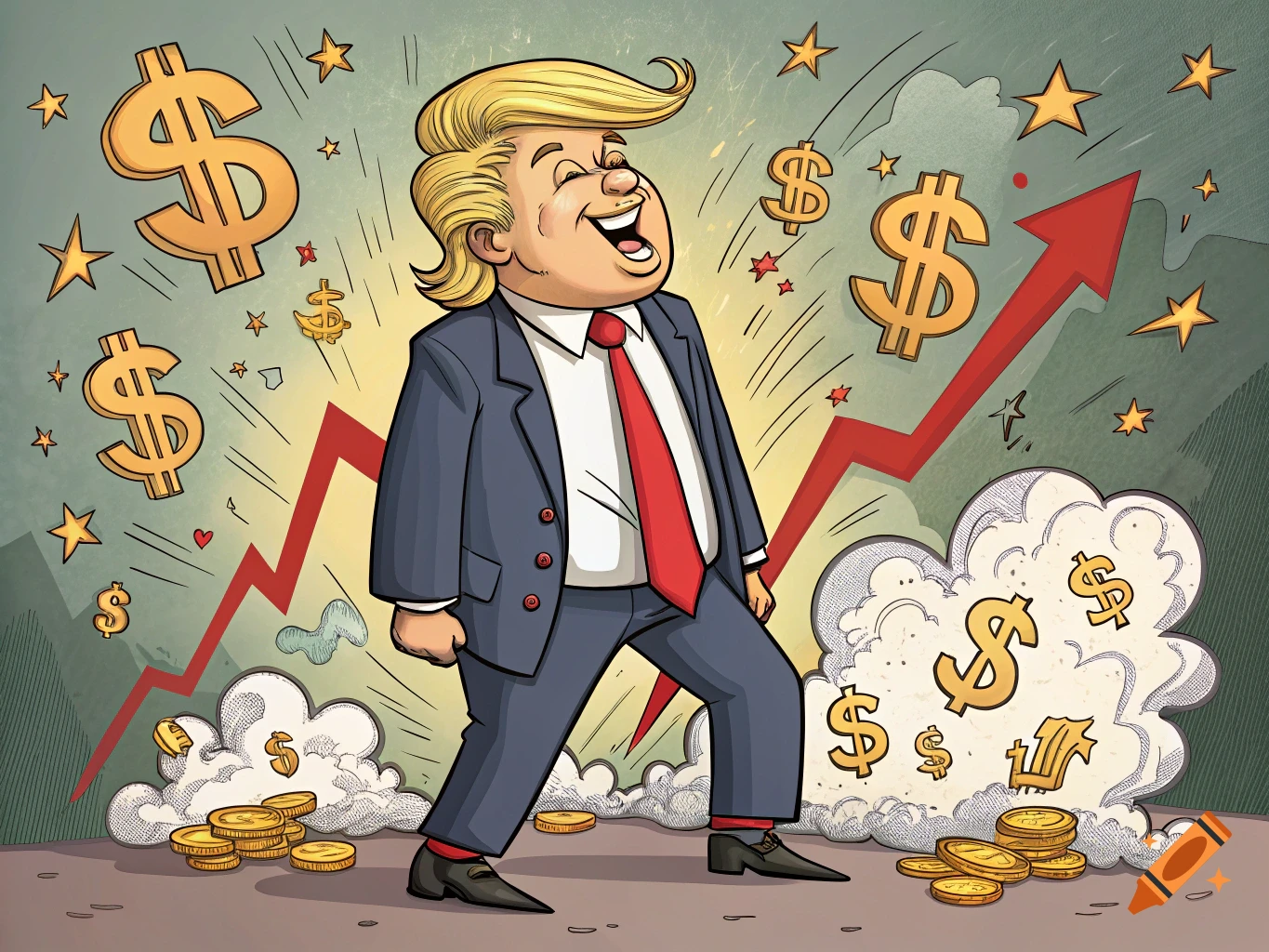 Cartoon of Donald Trump figure laughing amidst dollar signs and gold coins, with a red arrow chart rising behind him, representing financial success.