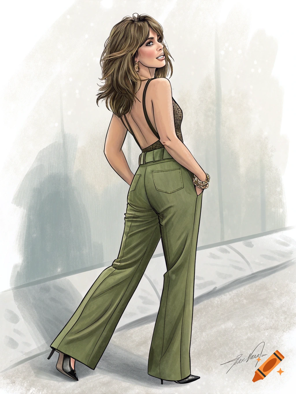An illustration of Paula Abdul in olive green bell-bottom pants and a black backless top, looking over her shoulder.