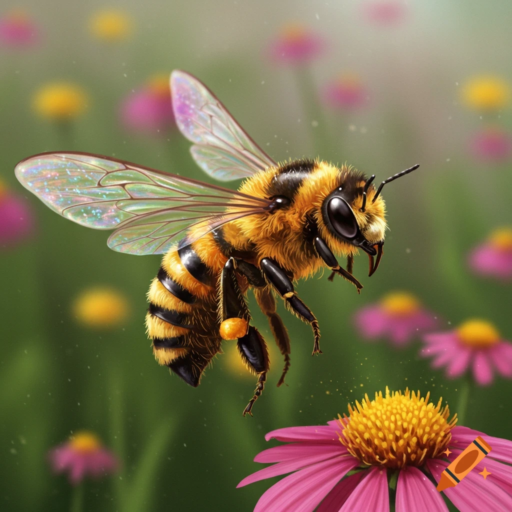 A close-up, photorealistic image of a honey bee with shimmering wings flying towards a pink coneflower in a vibrant garden.