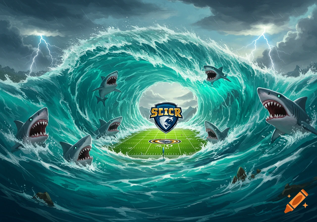 A digital illustration of a football field engulfed by a tsunami wave with sharks and lightning, featuring a 'SLICR' team logo.