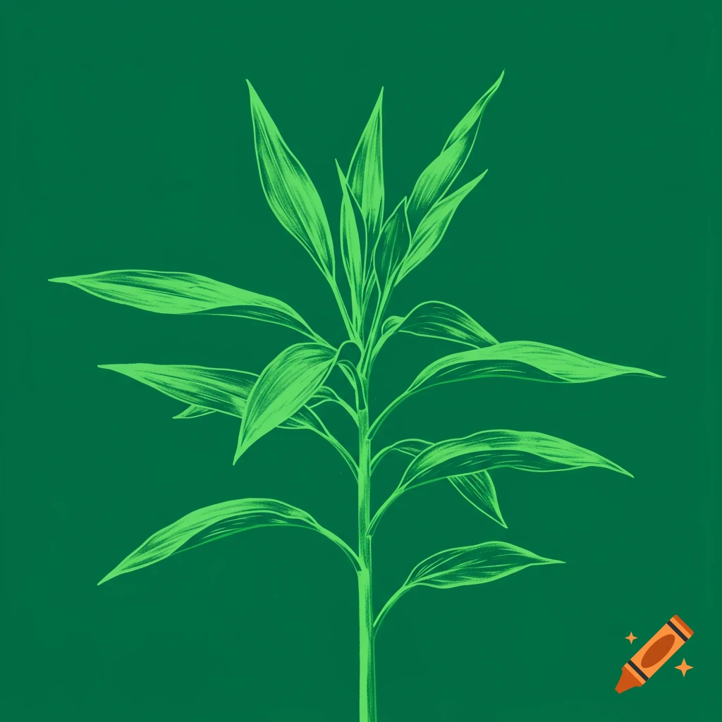 An illustration of a Hawaiian ti plant in bright lime green against a dark green background, in a simple art style.