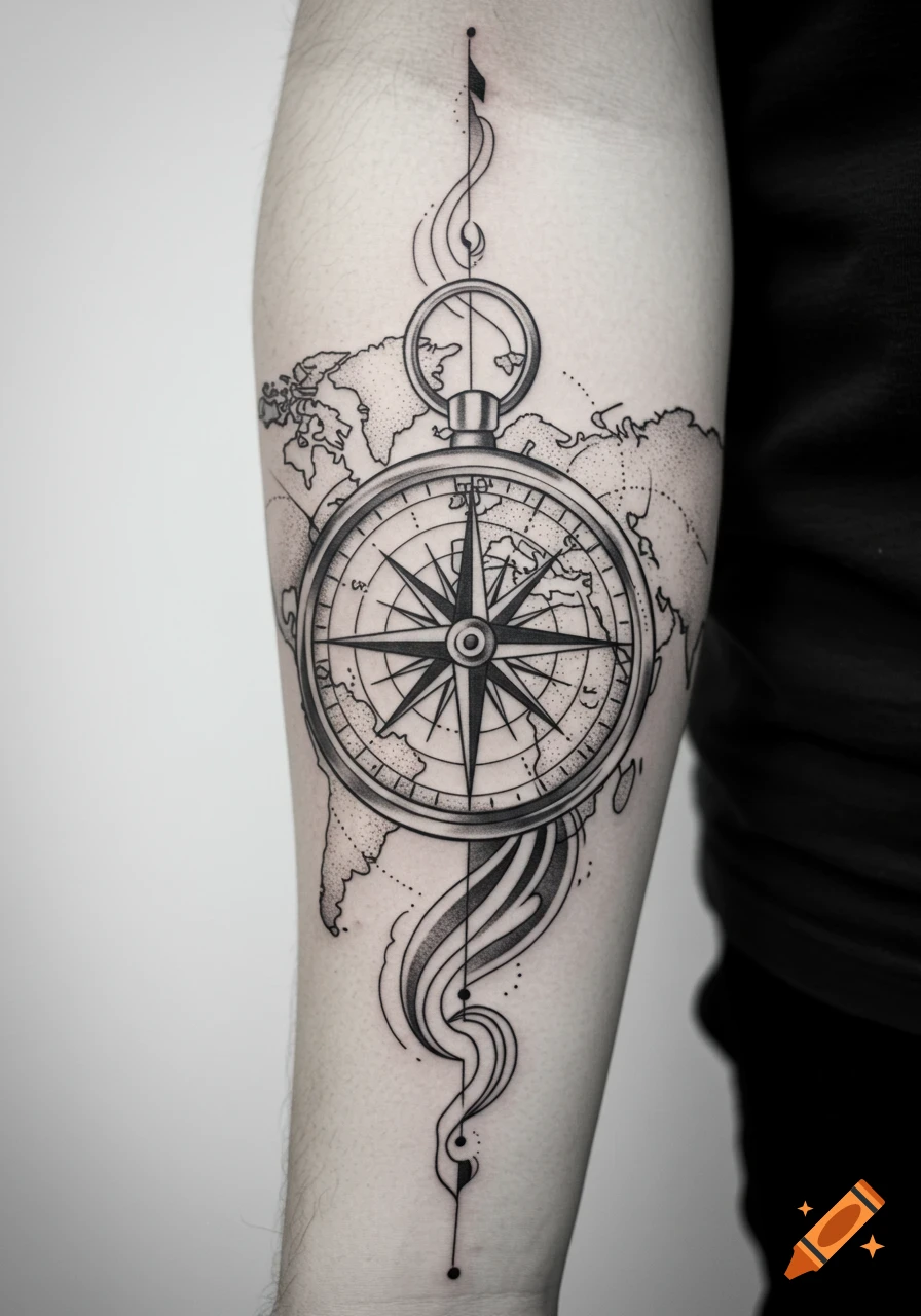 A detailed black and white tattoo on an arm, featuring a compass overlaid on a world map with swirling decorative lines.