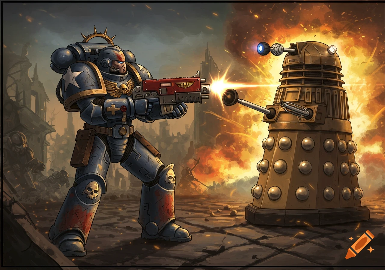 A Space Marine battles a Dalek amidst explosions and ruined buildings in a stylized illustration.