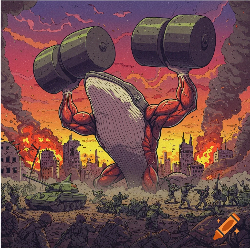 A giant muscular whale lifts dumbbells in a destroyed city war zone with soldiers and a tank in a comic art style.