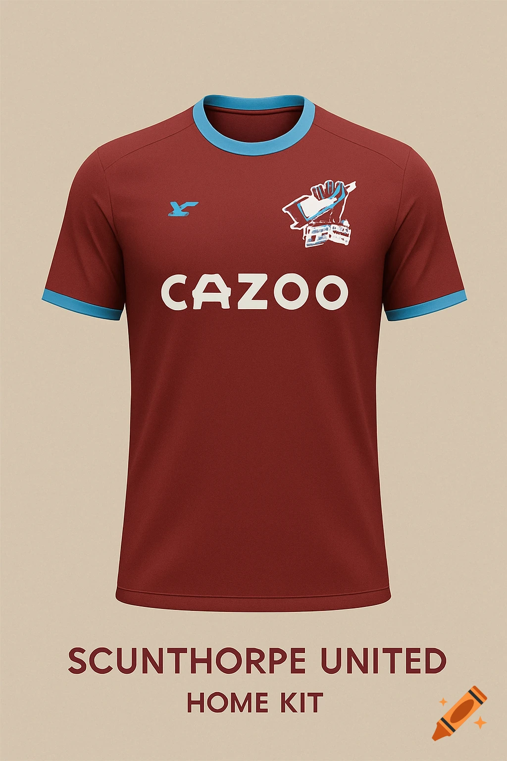 A minimalist concept design for a red and blue Scunthorpe United home kit, featuring 'CAZOO' text on the front.