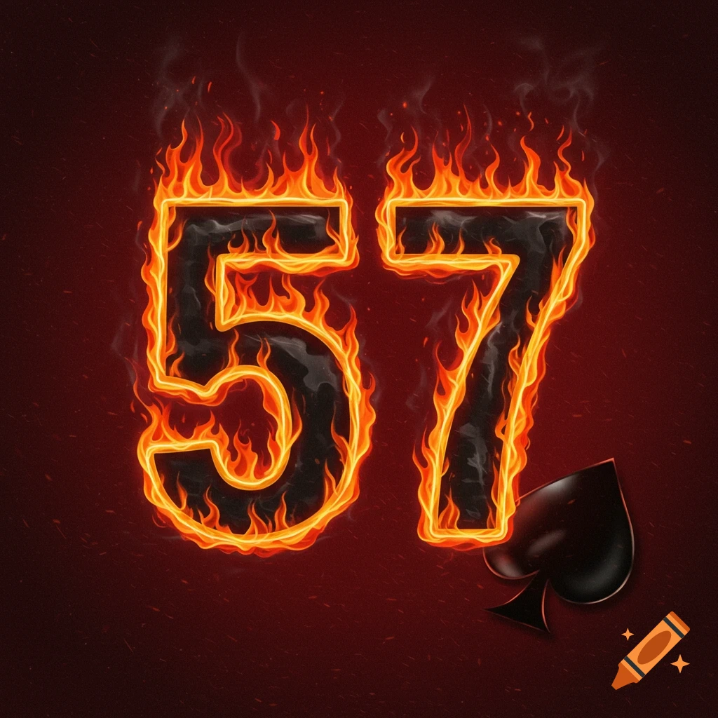 The number 57 engulfed in flames on a red background, next to a black spade symbol.