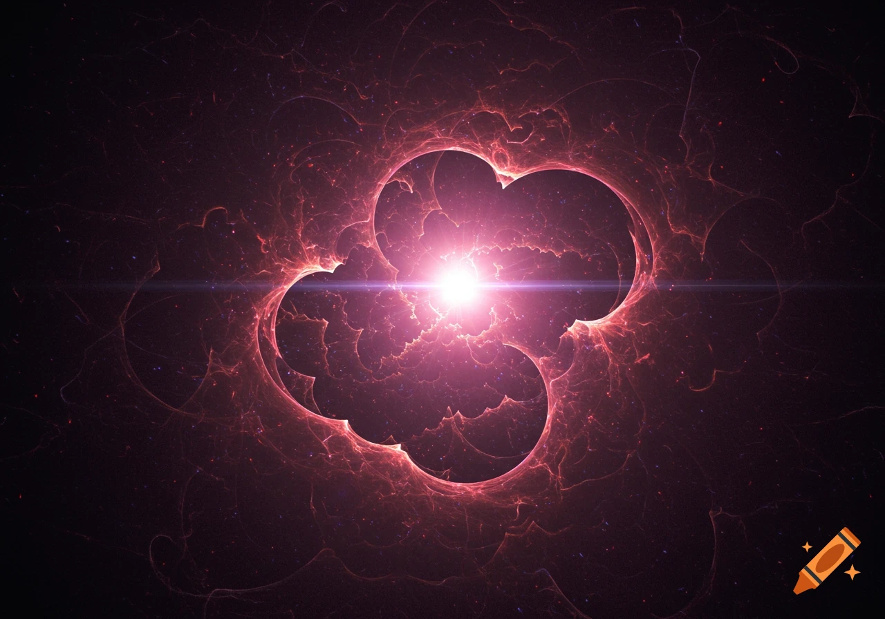 A vibrant abstract image of a bright white light burst surrounded by glowing red and pink fractal-like energy patterns in a dark cosmic void.