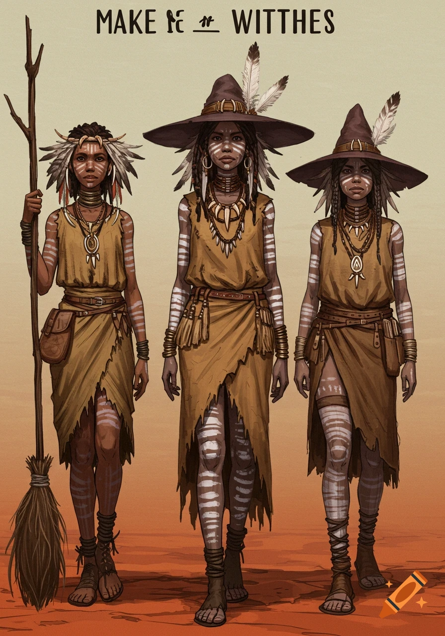 Three stylized illustrations of tribal witches with feathers, bones, body paint, and torn robes, one holding a broomstick.