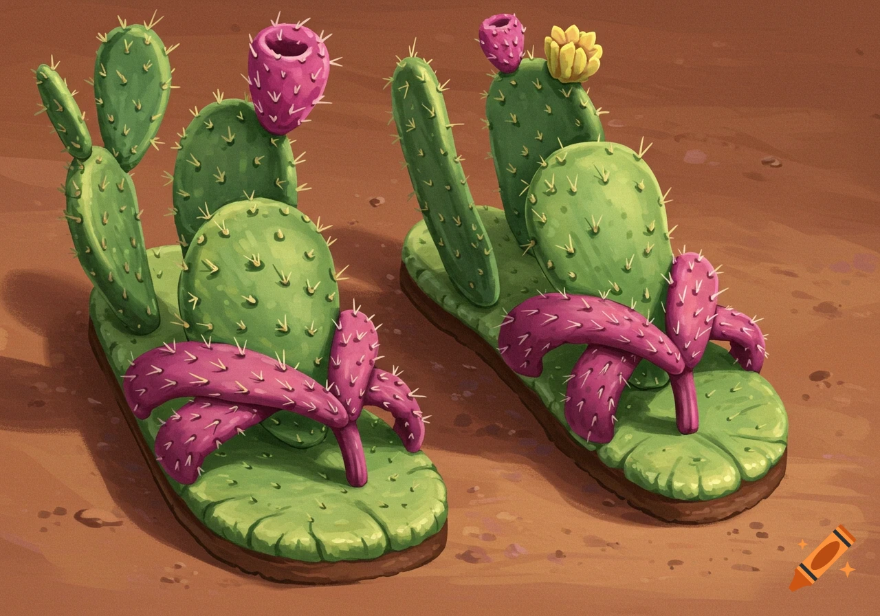 A pair of whimsical green cactus sandals with pink straps and flowers, resting on a sandy desert ground.