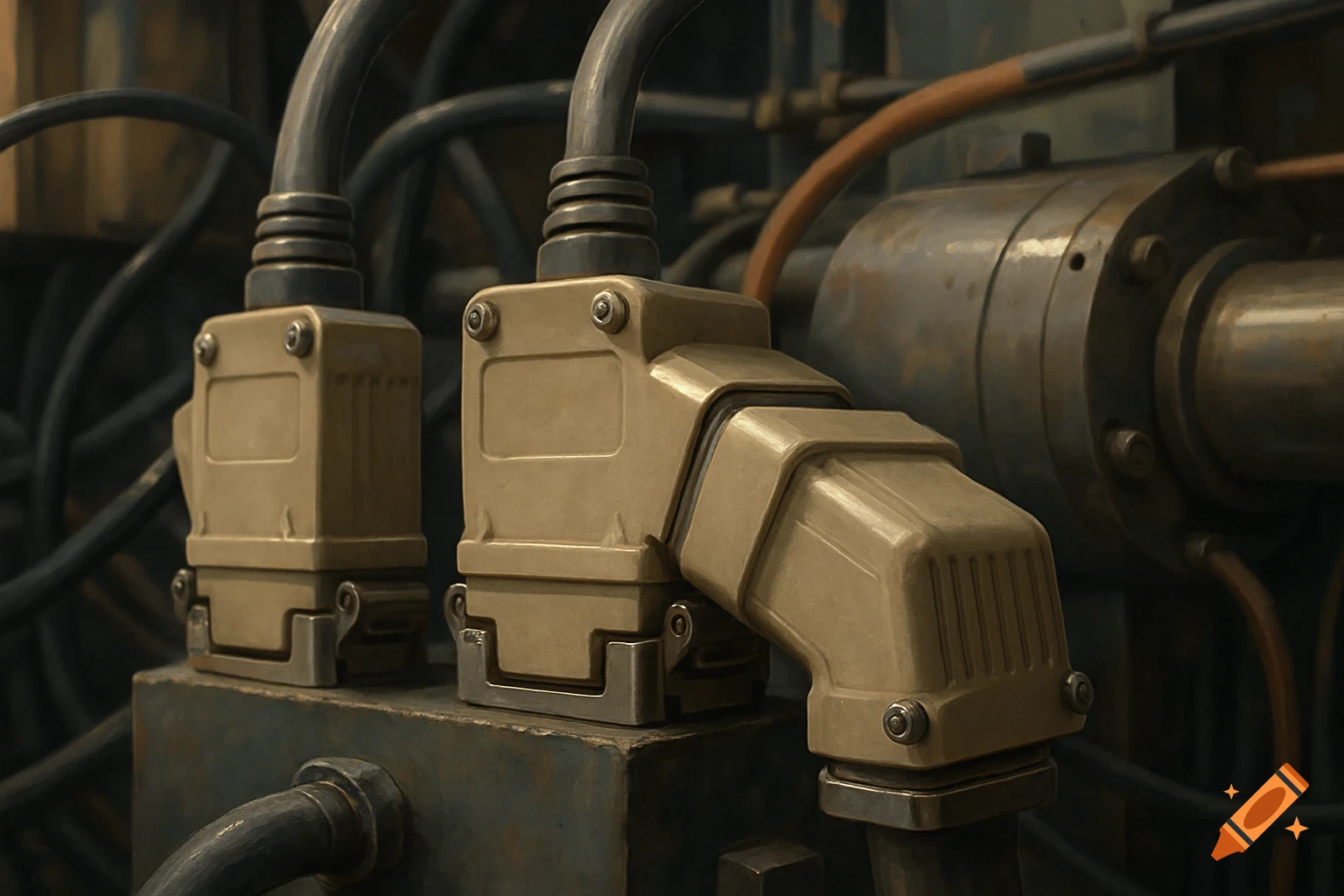Close-up of heavy-duty industrial connectors with thick cables, bathed in dim light.