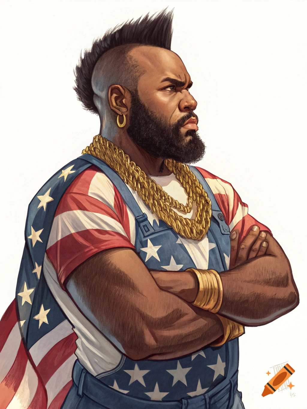Illustration of Mr. T with a mohawk, gold chains, and American flag overalls, arms crossed.