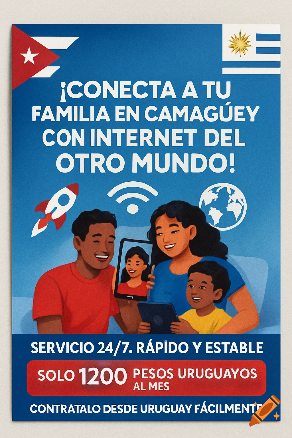 A colorful promotional flyer for an internet service, showing a happy family using a tablet for video calls, with a rocket, Wi-Fi symbol, and world globe. Cuban and Uruguayan flags are at the top. Spanish text advertises internet for families in Camagüey, Cuba, available from Uruguay.