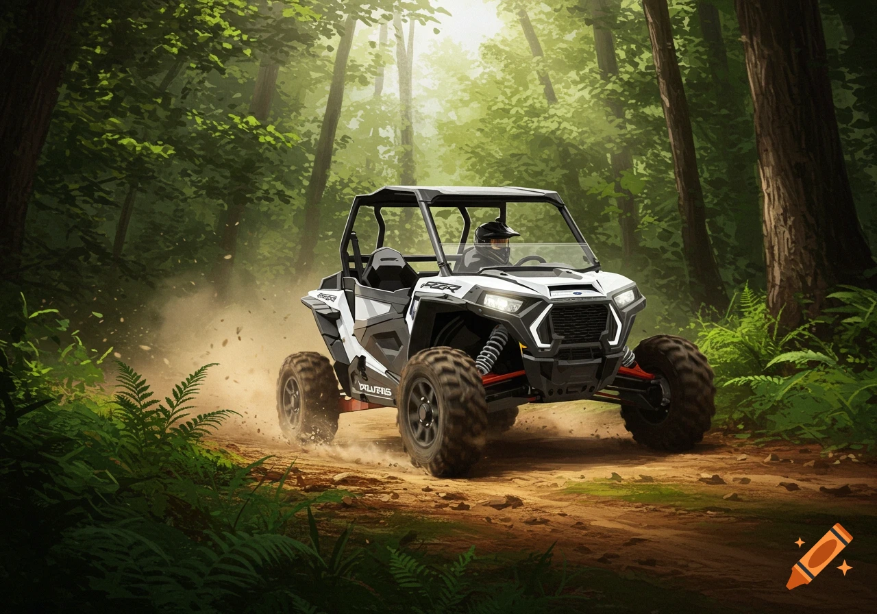 A white Polaris RZR side-by-side vehicle drives through a forest on a dirt path, kicking up dust.
