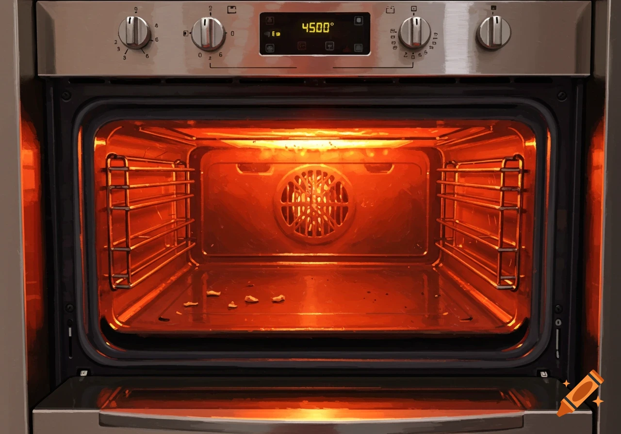 Photorealistic close-up of a preheated, empty oven glowing orange inside, with a digital display showing 4500 degrees.