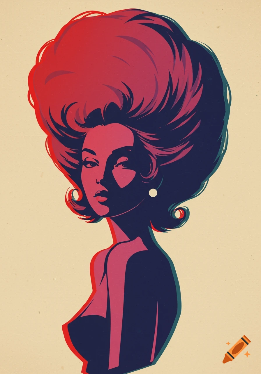 Retro graphic illustration of a woman with large, voluminous red and blue hair.