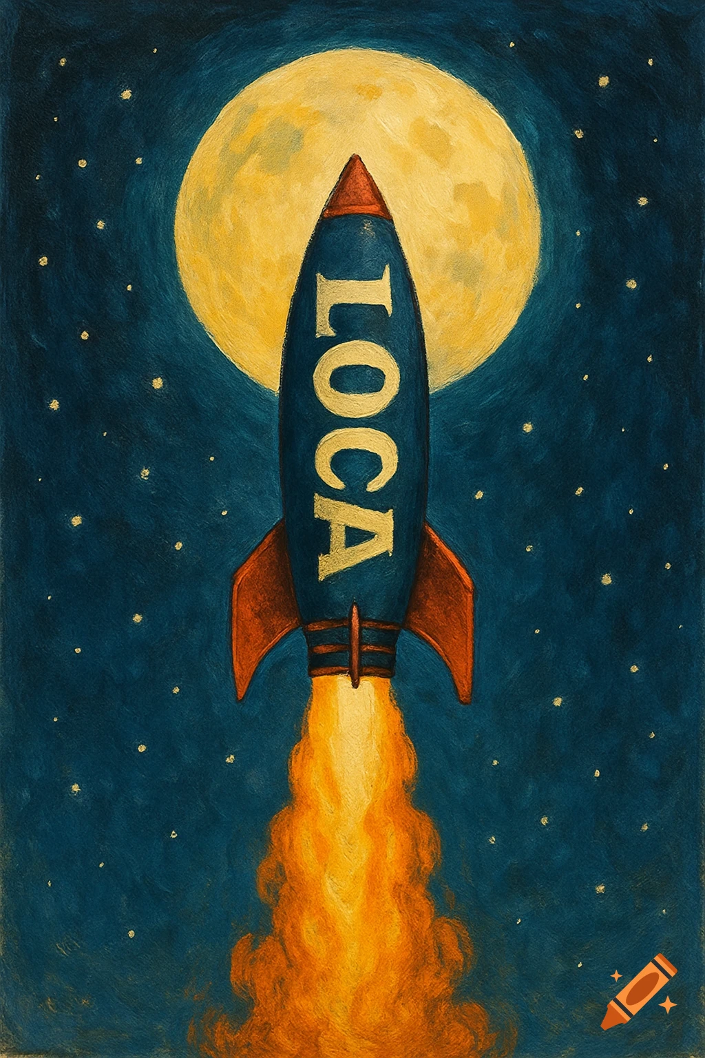 A stylized, retro-looking rocket with 'LOCA' written vertically, launching upwards towards a large full moon in a starry, dark blue sky.