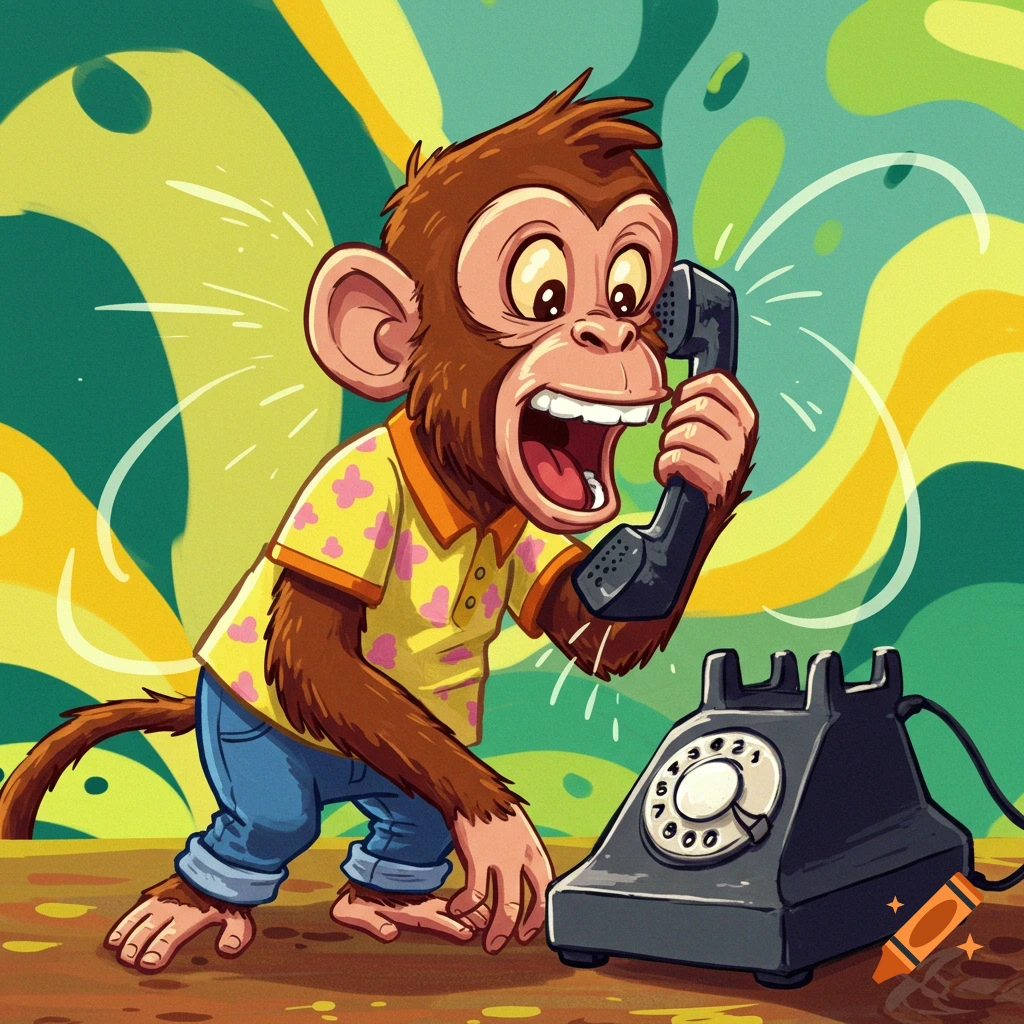 A cartoon monkey with wide eyes and an open mouth shouts into a vintage black rotary phone, against a vibrant green and yellow background.