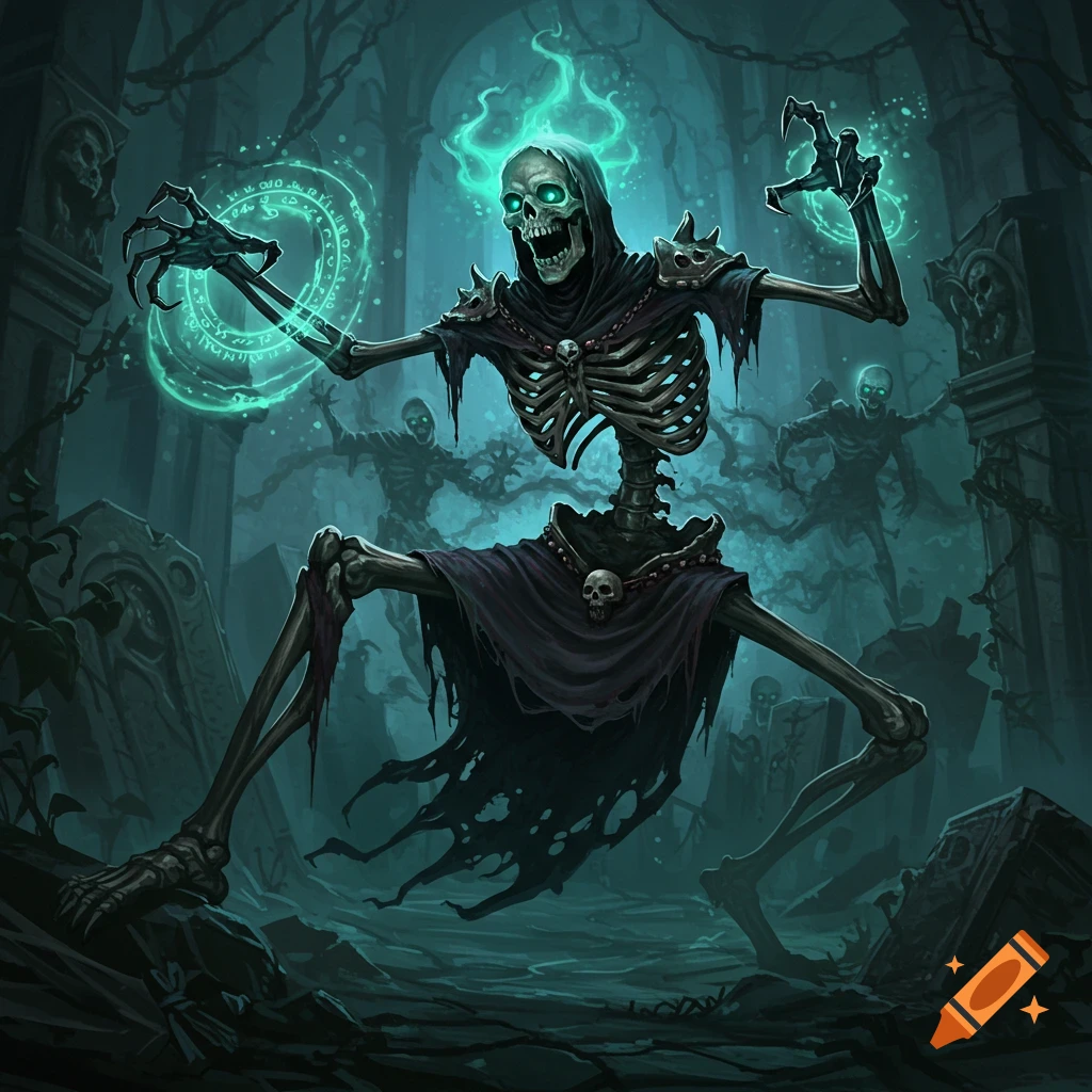 A skeletal lich with glowing green eyes and magic casting a spell in a dark, eerie graveyard with other shadowy skeletons.